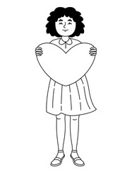 Woman holding big heart. Female character in outline style.