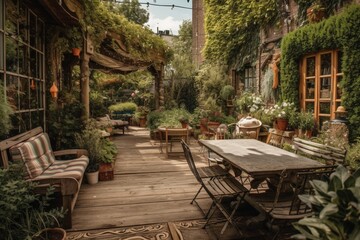 Fototapeta na wymiar Beautiful wooden terrace with garden furniture surrounded by greenery on a warm, summer day