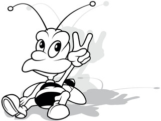 Drawing of a Sitting Striped Bee Showing Victory