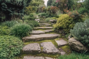 Garden stone path with grass growing up between the stones.Detail of a botanical garden.