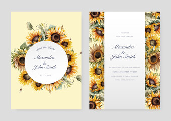 wedding invitation set with yellow green sun flower garden watercolor