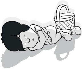 Drawing of a Black-haired Boy Sleeps on the Ground Next to a Wicker Basket