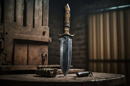 A metal antique with wooden handle of a combat knife which is stabbed on wooden table. Generative Ai image.