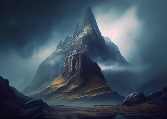 Nature's Mountain Peaks: A Mesmerizing Mountain Landscape Featuring a Snowy White Peak Veiled in a Ballet of Clouds