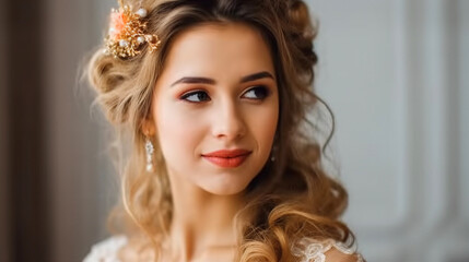 Fototapeta premium A bride with a flower crown on her head looks into the distance.