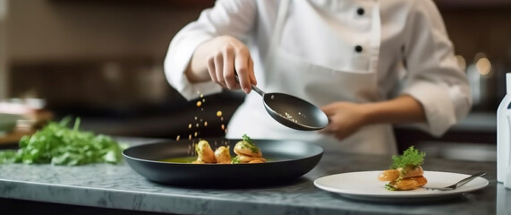 Obraz na płótnie Canvas A chef is sprinkling sauce on a plate of food.
