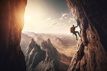 A man, rock climber, is climbing on the vertical cliff with beautiful mountain valley view in the morning as background. Generative Ai image.