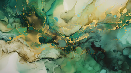 Fototapeta na wymiar abstract liquid background green gold white watercolours marble