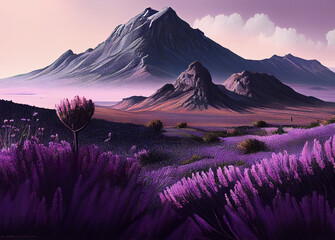 Fototapeta na wymiar Snow-Capped Mountain Peaks Rising Above a Lush Sea of Fragrant Lavender Fields in Purple and Magenta Colors: , Basking in the Golden Glow of and Pink Touch of Nature