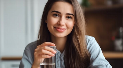 A woman is drinking a glass of water.