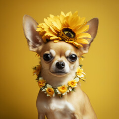 Chihuahua dog portrait with a flower crown, Generative AI