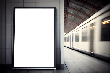 Blank billboard mockup in the subway station. AI Generative