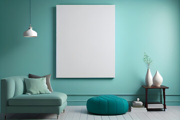 Mockup poster frame in the blue interior living room background. AI Generative