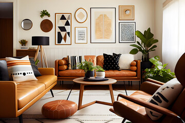Interior of modern living room with sofa, coffee table and pictures on the wall. AI Generative