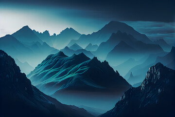 Fantasy landscape with mountains and blue sky. AI Generative