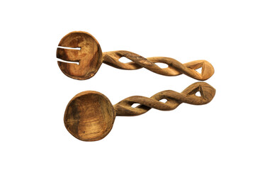 Old traditional wooden African kitchen cooking utensils of spoon and fork handmade isolated on white background