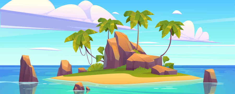 Uninhabited tropical island in ocean. Vector cartoon illustration of piece of land with sandy shore, rocky mountain, exotic palms, stones in sea water under blue sunny sky. Adventure game background