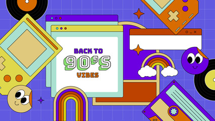 Obraz premium Vector 90s retro party cartoon background illustration in trendy flat style design