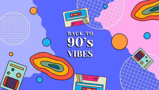 90s vibes set. Trendy 1990s elements collection. Retro technic, things, entertainment and music equipment isolated on colorful background. Back to 90s vector flat illustration