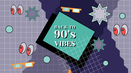 Back to 90's vibes poster, 90s retro party cartoon background