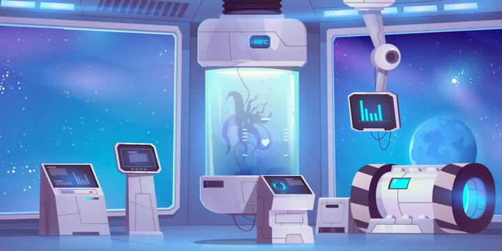 Cartoon spaceship lab interior design. Vector illustration of futuristic aircraft room with computers, scientific data on screens, cryogenic capsule with frozen alien creature inside. Game background