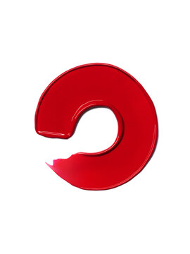 Red lipstick texture in cicular shape, stroke isolated on white background. Cosmetic product swatch