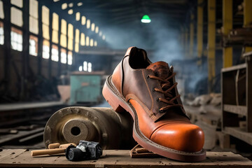 A leather personal safety shoes is placed at the workplace with construction site as background, Industrial safety PPE object. Generative Ai image.	
 - obrazy, fototapety, plakaty