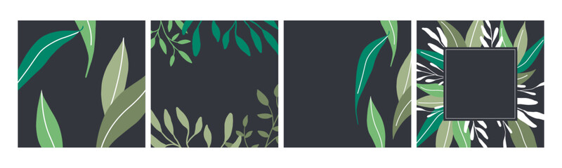 Set of 4 flower and leaf frame background. Social media template.