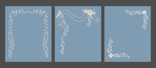 Set of 3 flower and leaf frame decoration. Botanical wreath, border, garland illustration.