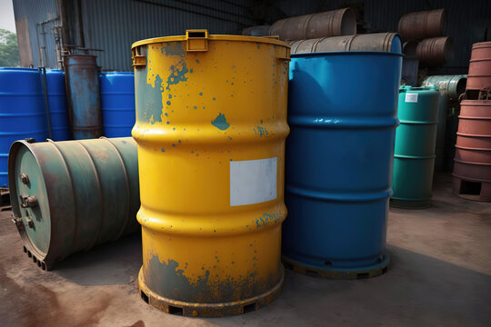 Metal barrels, hazardous chemical containment, acid or flammable material that stored at industrial storage area. Generative Ai image.	
