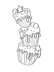 contour line illustration cartoon style childish cute food birthday cakes with berries and chocolate design element for pastry chef print postcard sticker and media