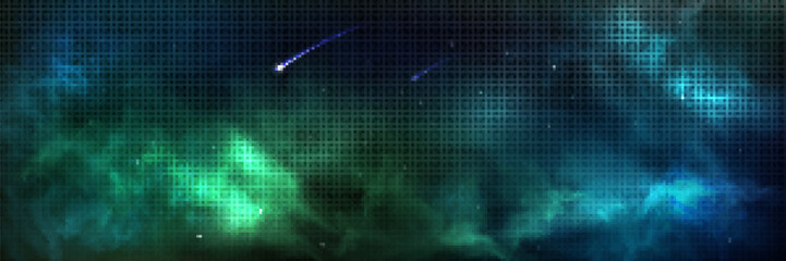 Green nebula galaxy background abstract sky light. Night aurora vector texture with star or comet falling in cosmos. Magic northern concept with bright borealis shine realistic banner backdrop.