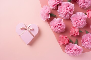 Mother's Day concept. Top view photo of gift boxes with bows bouquets of tulips envelope with postcard and sprinkles on isolated pastel pink background with blank space in the middle, Generative AI