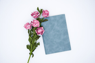 Roses and notebook on white background