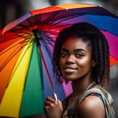 African American woman holding a rainbow LGBT umbrella, Concept of gay and lesbian rights and LGBT movement. shallow depth of field, Illustrative Generative AI. Not a real person.