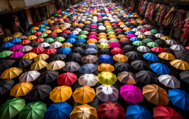 Street full of colorful umbrellas creating a bright and cheerful artistic background, shallow depth of field, Illustrative Generative AI