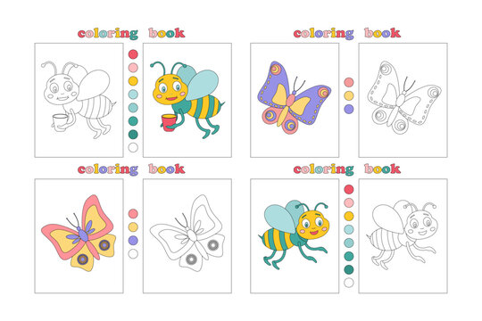 Big album page of children's coloring book with funny bees and butterflies. Cute hand drawn characters for coloring. Coloring book with palette for youngest. Children Education. Vector illustration