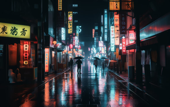 Japanese street with colorful neon signs lighting up a cark rainy night with reflections in the puddles on the street. shallow depth of field, Illustrative Generative AI