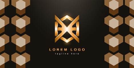 abstract golden monogram logo mockup with hexagon at the back