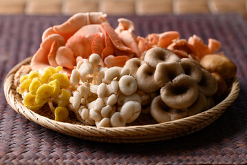 Various oyster mushroom in basket, Healthy edible mushroom