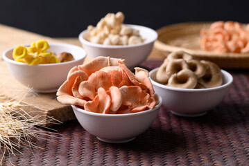 Various oyster mushroom in bowl, Healthy edible mushroom