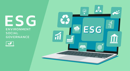 ESG banner web on laptop concept with icon for business and organization, Environment, Social, Governance, and corporate sustainability performance, vector flat illustration