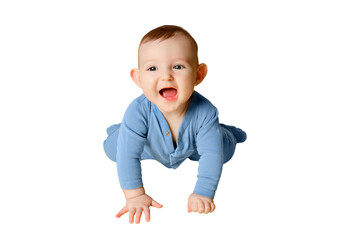 Happy toddler baby plays laughing, isolated on a white background. Funny child boy crawling and smiling, copy space