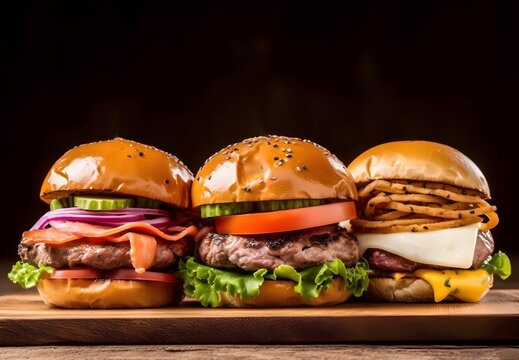 Closeup view of delicious hamburgers sorted on table.