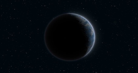 Abstract realistic space spinning planet round sphere with a water surface in space against the background of stars