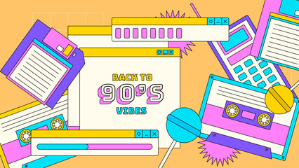 Vector 90s party cartoon background illustration with retro music 1990 and disco in old style design