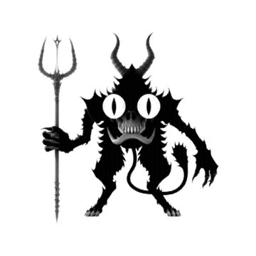 Skull head Monster with horns and big eyes and tail holding a trident. Isolated on white background. Vector illustration. Halftone design.