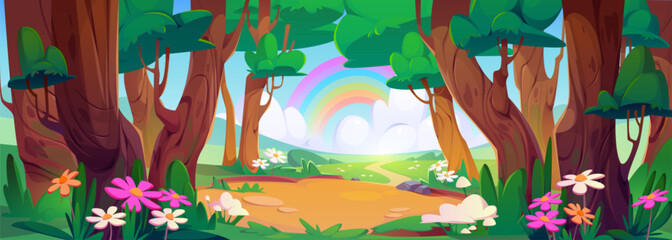 Flower field in spring with rainbow in forest cartoon vector landscape. Green grass hill nature valley park with meadow. Beautiful and cute panoramic flora springtime and sunlight banner backdrop - obrazy, fototapety, plakaty