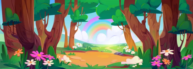 Papier Peint photo Marron profond Flower field in spring with rainbow in forest cartoon vector landscape. Green grass hill nature valley park with meadow. Beautiful and cute panoramic flora springtime and sunlight banner backdrop