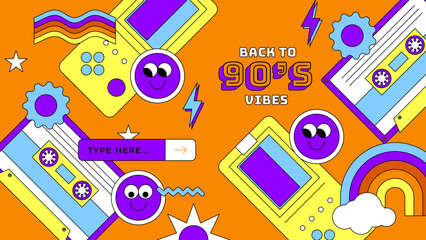Vector 90s party cartoon background illustration with retro music 1990 and disco in old style design